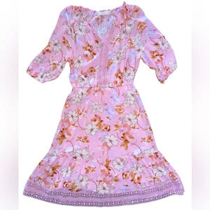 Fair Haven Floral MIDI Dress Pink Size Medium Bohemian Summer Lined Crochet Trim